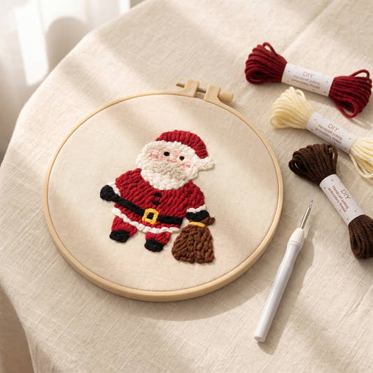 Kit punch needle motif Père Noël dans la neige, vue de dessus avec des écheveaux (photo d'ambiance)
