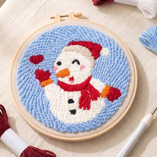 Kit punch needle motif Bonhomme de neige, vue de dessus avec des écheveaux (photo d'ambiance)
