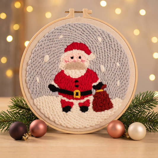 Kit punch needle motif Père Noël dans la neige terminé dans son cerceau en décor de Noël