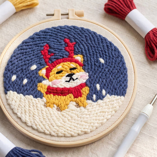Kit punch needle motif Chiot renne, vue de dessus avec des écheveaux (photo d'ambiance)