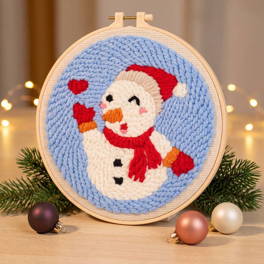 Kit punch needle motif Bonhomme de neige terminé dans son cerceau en décor de Noël