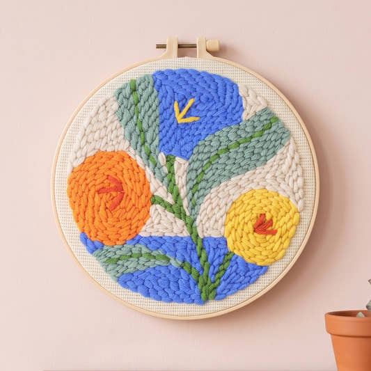 Kit punch needle motif Fleurs oranges terminé dans son cerceau, accroché au mur