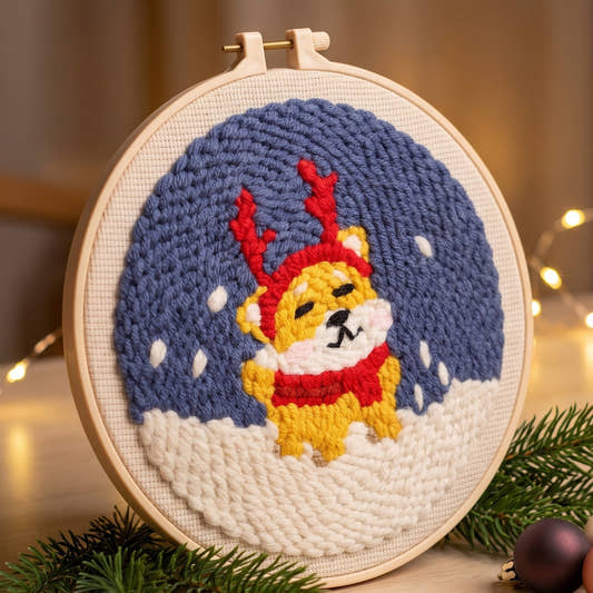 Kit punch needle motif Chiot renne terminé dans son cerceau en décor de Noël