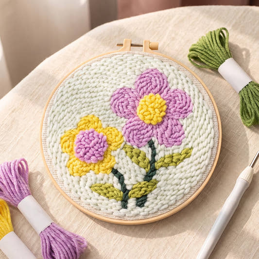 Kit punch needle motif Fleurs des champs, vue de dessus avec des écheveaux (photo d'ambiance)