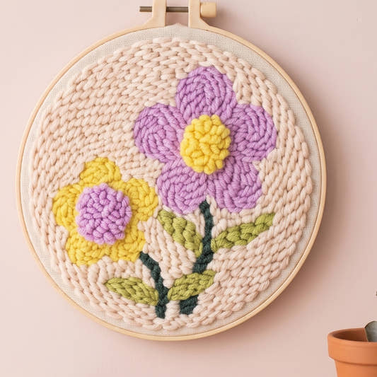 Kit punch needle motif Fleurs des champs terminé dans son cerceau, accroché au mur