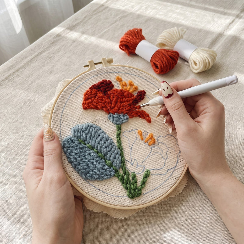 Étape 2 : piquer la toile, le motif fleurs rouges à moitié rempli